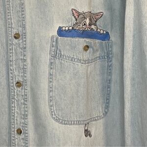 Light Blue Hidden Cat Embroidered Collar Long Sleeve Button Down Shirt